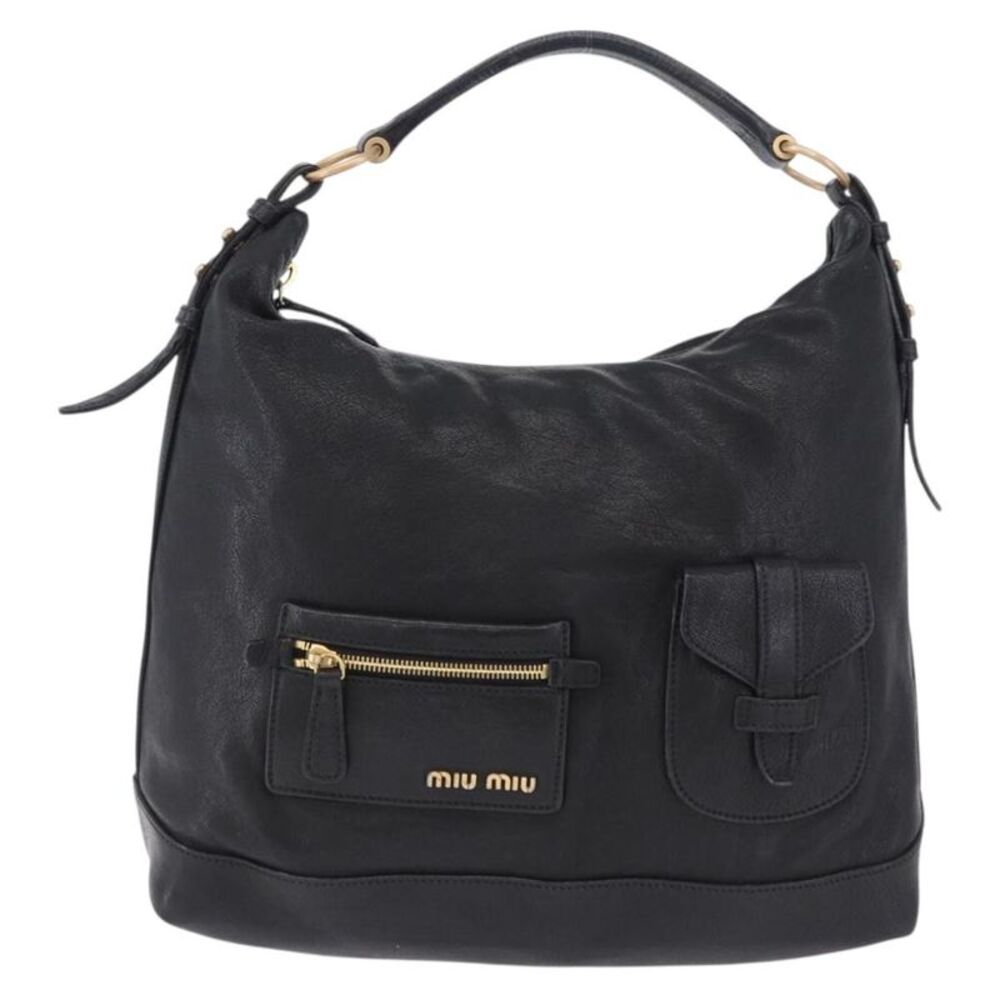 Miu Miu Zip Front Pocket Shopping Tote Leather Black Leather Shoulder Bag Bag